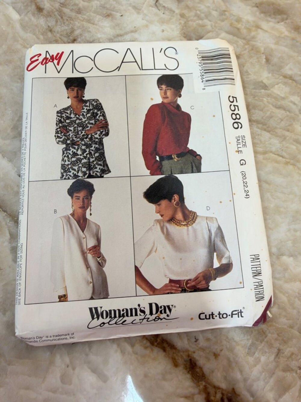McCalls 5586 Vintage Womens Blouse Sewing Pattern G 20-24 Easy Misses Day Collec